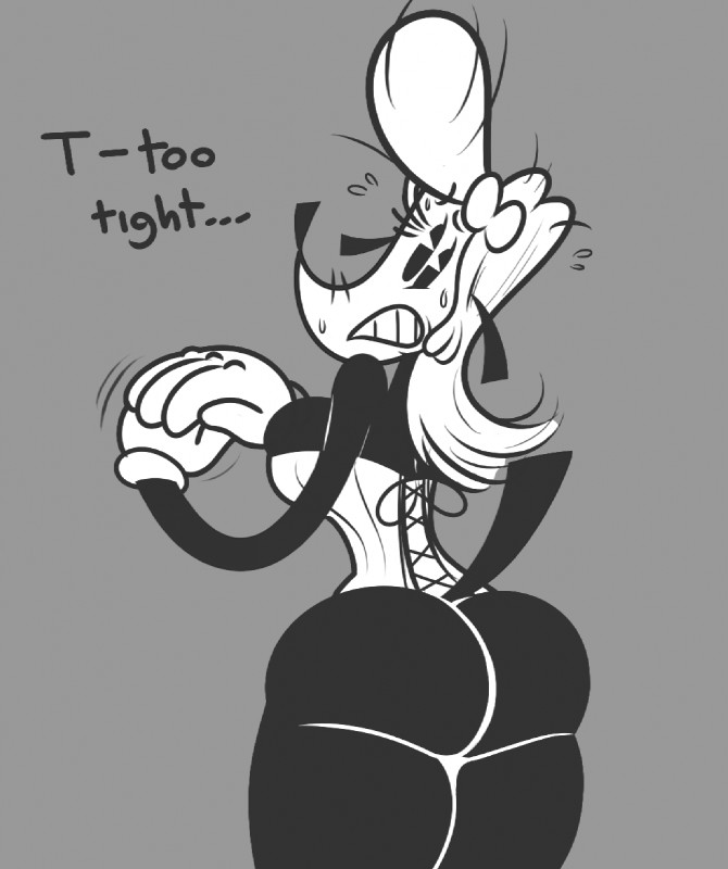 anthro big_butt bodily_fluids breasts butt clothing corset curvy_figure dialogue female fleischer_style_toon gloves handwear lingerie rear_view side_boob solo sweat text toony topwear voluptuous wide_hips tooneyd disney mickey_mouse_shorts topsy_(disney) canid canine canis domestic_dog mammal english_text hi_res monochrome