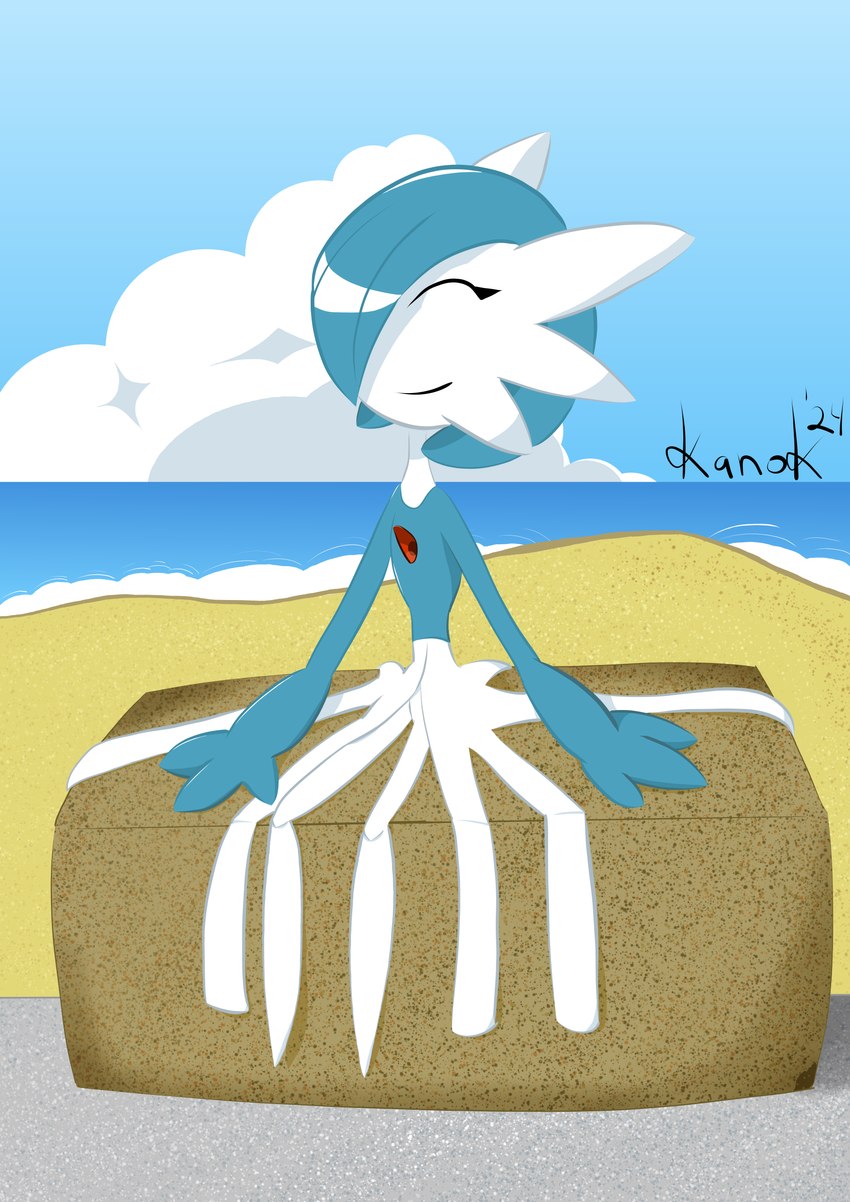 ambiguous_gender beach clothing dress green_body happy long_legs micro_calves micro_legs micro_thighs rock sand sea skinny_female skinny_humanoid solo thin_calves thin_legs thin_thighs water white_clothing white_dress kanok nintendo pokemon gardevoir generation_3_pokemon humanoid pokemon_(species) shiny_pokemon absurd_res hi_res