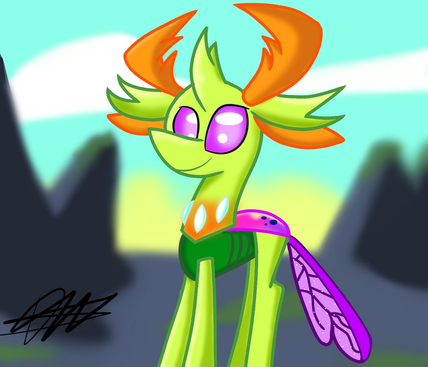 feral green_body horn male moss plant purple_eyes purple_tail rock sky_background solo tail phalanx_b_deer friendship_is_magic hasbro my_little_pony thorax_(mlp) arthropod changeling 2017 hi_res