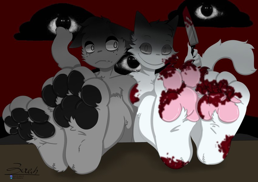 4_toes anthro black_eyes black_pawpads blood blood_on_face blood_on_feet blood_on_knife bodily_fluids breasts cheek_tuft chest_tuft claws cloud creepy_smile duo empty_eyes eyebrows facial_tuft featureless_breasts feet female foot_focus freckles fur grey_body grey_fur grey_markings head_tuft holding_knife holding_object holding_weapon insane knife looking_at_viewer male male/female markings pawpads pink_pawpads plantigrade pupils raised_foot raised_tail scared sky skyscape smile tail toe_claws toes tuft weapon what white_body white_fur white_pupils zer0rebel4 discord_(app) incredibox sprunki telegram gray_(sprunki) wenda_(sprunki) domestic_cat felid feline felis mammal 2024 absurd_res hi_res shaded