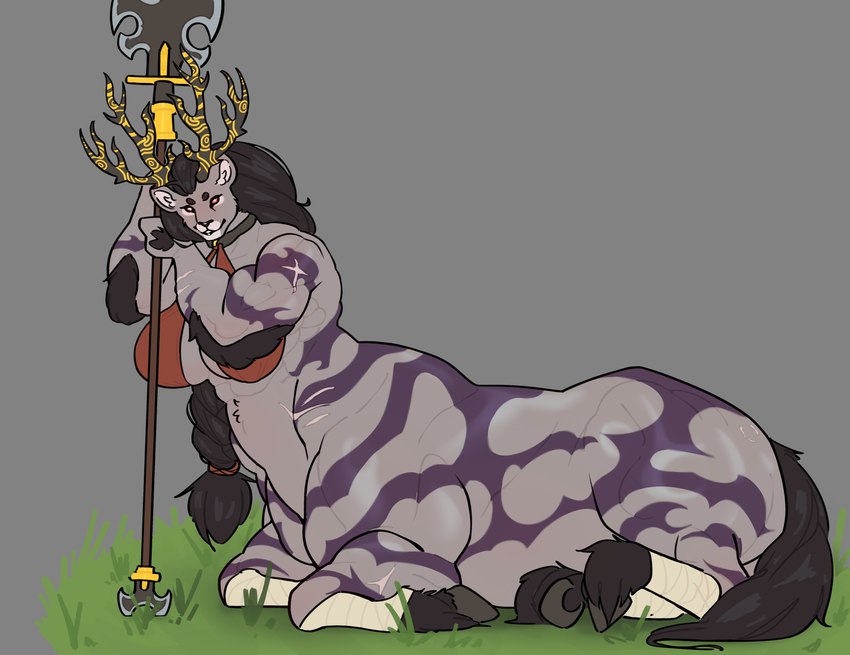 antlers big_breasts black_hair braided_hair breasts clothing female fur grass grey_body grey_fur hair holding_melee_weapon holding_object holding_weapon hooves horn lance lying lying_on_ground melee_weapon muscular muscular_female muscular_taur on_front on_ground plant polearm scar scars_all_over simple_background solo spear striped_body stripes topwear weapon wraps chalkgrams gremlinchalk groundedchalk krumblecookie breath_of_the_wild nintendo tears_of_the_kingdom the_legend_of_zelda equid equine felid hybrid lion lynel mammal pantherine taur absurd_res digital_media_(artwork) hi_res