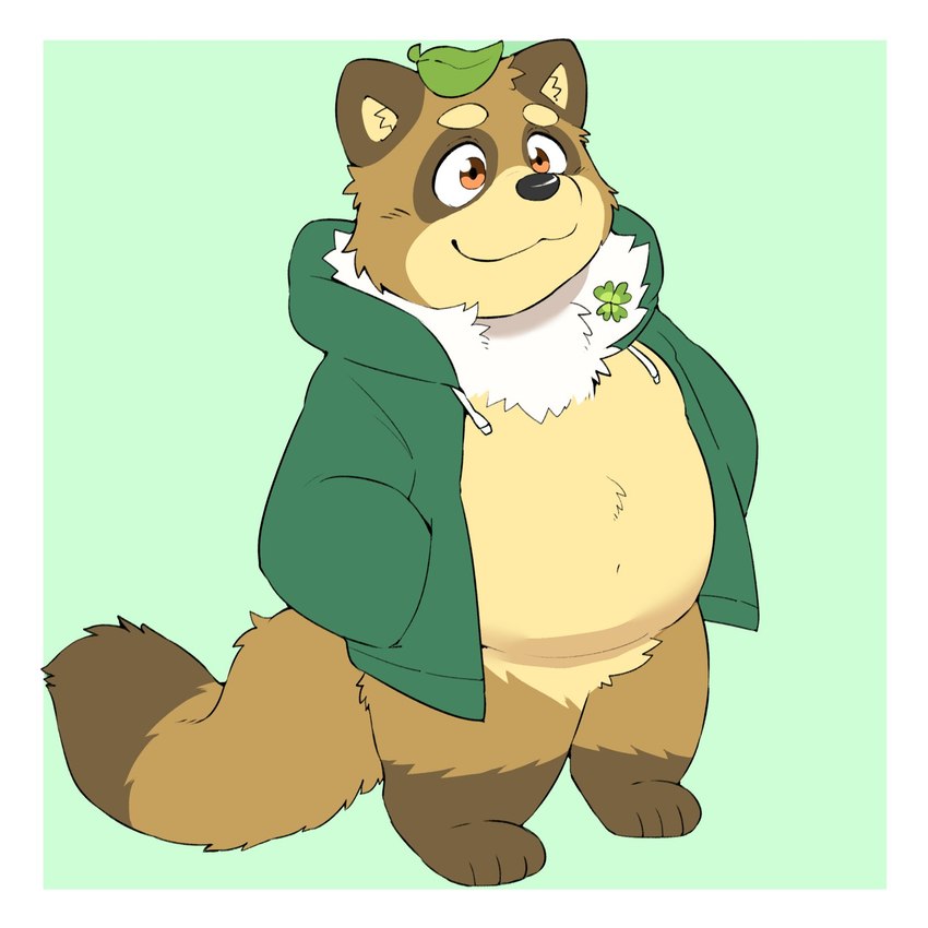 anthro belly biped black_nose border brown_body brown_fur clothing fur kemono leaf leaf_on_head simple_background slightly_chubby smile solo sweater topwear white_border ginnosuke canid canine mammal raccoon_dog tanuki 1:1 2024 hi_res