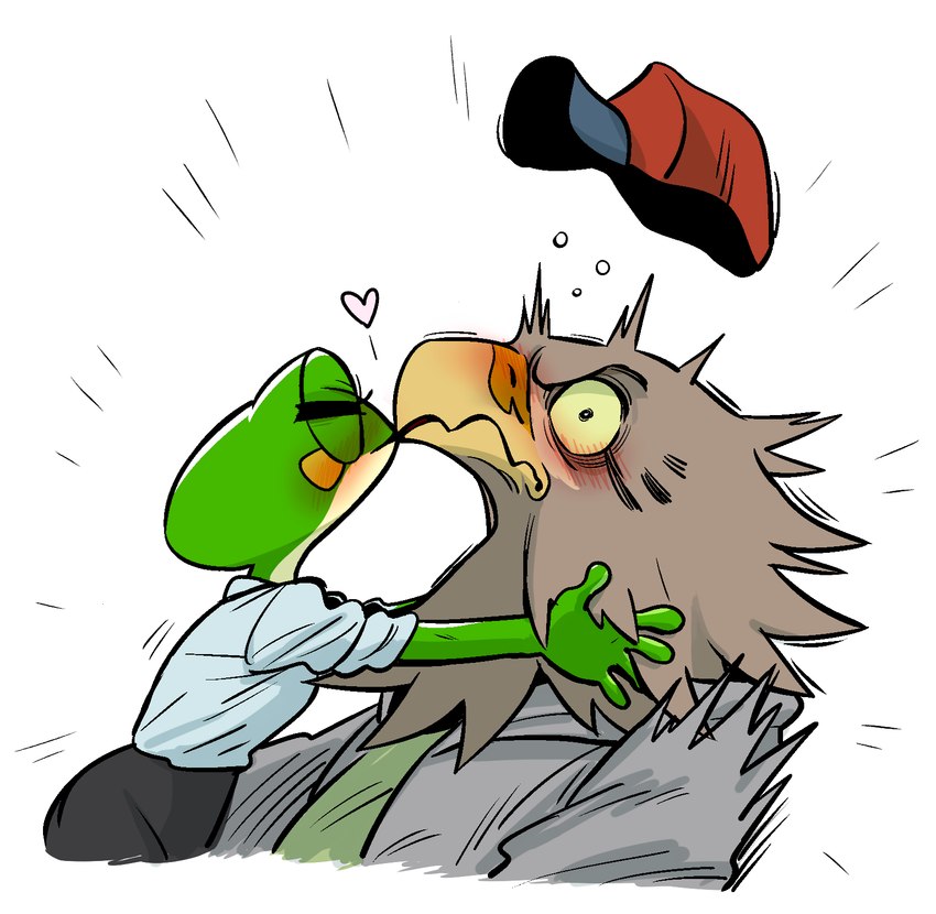 anthro beak bed blush brown_body brown_feathers clothed clothing duo eyes_closed feathers female furniture green_body hat headgear headwear heart_symbol kissing male surprise shurueder guran_ji_(shurueder) accipitrid accipitriform amphibian avian bird eagle frog hi_res