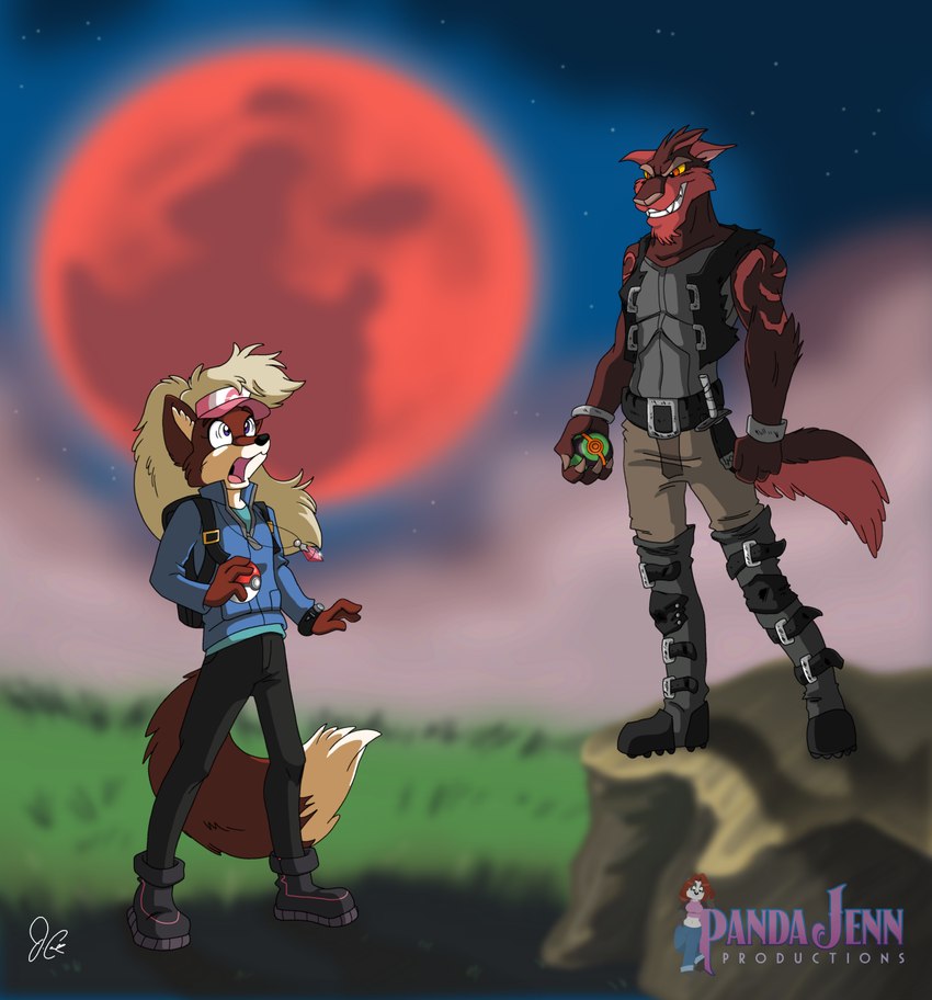 anthro blonde_hair boots brown_body brown_fur clothed clothing dipstick_tail duo female footwear fur grin hair male markings moon open_mouth outside pokeball red_moon shoes smile tail tail_markings pandajenn dreamkeepers nintendo pokemon ravat_larak canid canine canis fox hybrid mammal wolf character_request hi_res