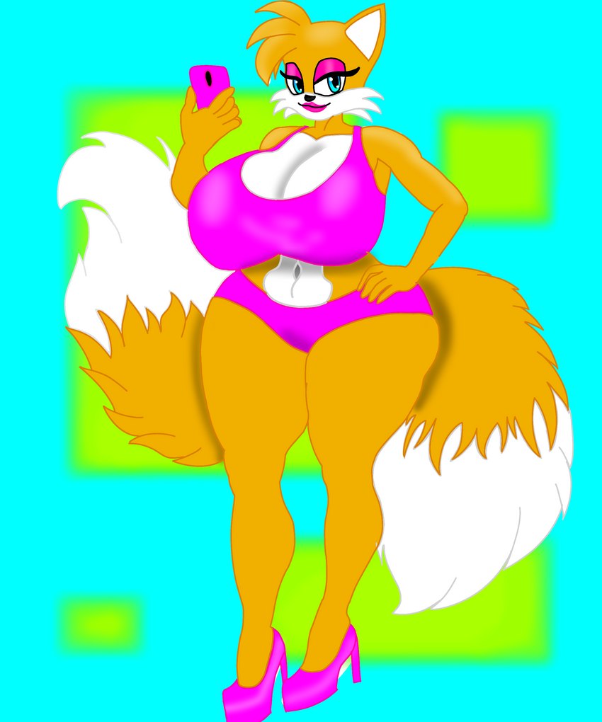 2_tails big_breasts bottomwear bra breasts clothing crossgender female footwear high_heels huge_breasts makeup mtf_crossgender multi_tail shoes shorts solo tail underwear mooneypup sega sonic_the_hedgehog_(series) miles_prower 5:6 absurd_res hi_res