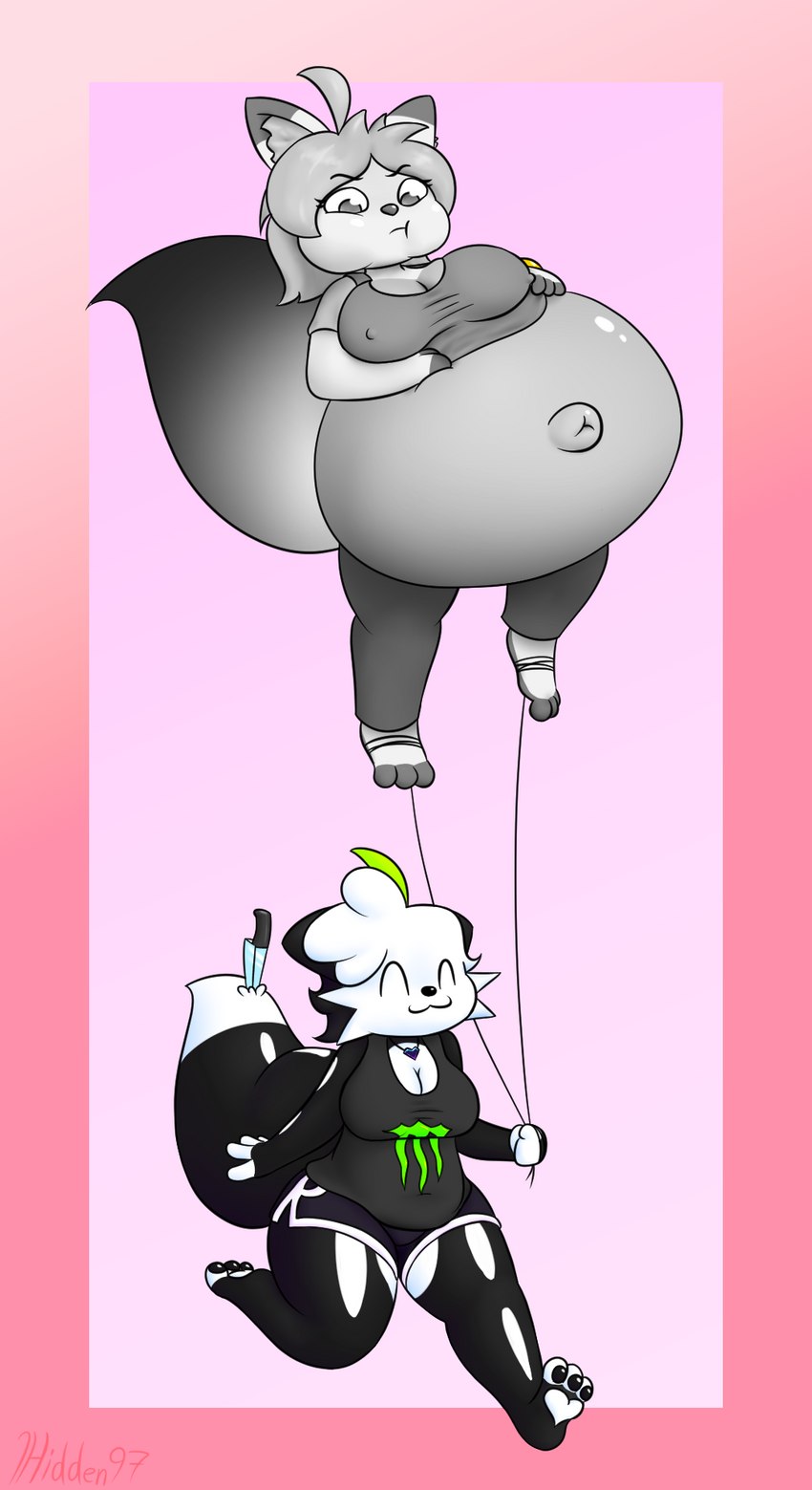 :3 ^_^ ^w^ animal_balloon annoyed anthro balloon barefoot belly belly_expansion belly_inflation big_belly big_breasts black_body black_fur bottomwear breasts cleavage clothed clothing cowlick duo expansion eyes_closed feet female floating fur glistening glistening_belly gradient_background green_hair grey_body grey_eyes grey_fur grey_hair hair heart_jewelry heart_necklace heart_symbol holding_balloon holding_object hotpants huge_belly hyper hyper_belly inflatable inflation jewelry knife knife_in_tail logo logo_on_clothing logo_on_topwear logo_print markings monster_energy_logo navel necklace nipple_outline object_in_tail outie_navel pants pawpads print_clothing print_shirt print_topwear puffed_cheeks running shaped_balloon shirt shirt_logo short_hair short_stack shorts simple_background skeleton_(marking) smile string tank_top tight_clothing tight_shirt tight_topwear topwear weapon_in_tail white_body white_fur white_hair wide_hips hidden97 monster_energy calcy_(foamytail) nala_(ghostlyfoxy) animate_inanimate canid canine fox ghost living_balloon living_inflatable mammal spirit hi_res