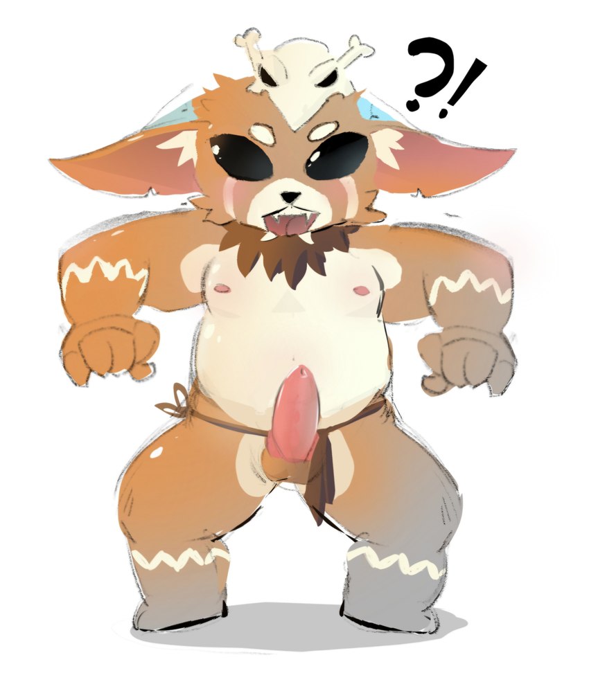 anthro balls big_ears fur genitals male orange_body orange_fur slightly_chubby slightly_chubby_male solo young young_anthro sundevu league_of_legends riot_games tencent gnar_(lol) yordle absurd_res hi_res