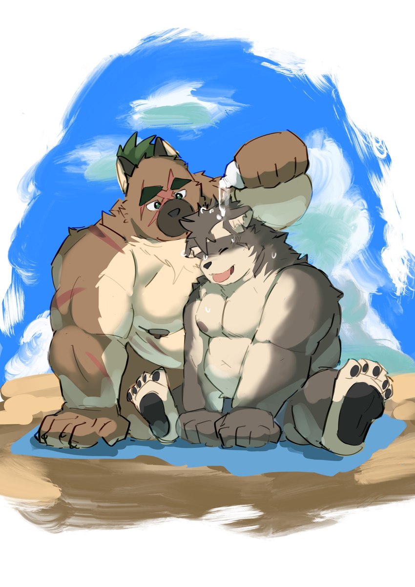 anthro beach belly bottomwear brown_body brown_fur clothing duo facial_scar fur grey_body grey_fur male male/male musclegut muscular nipples pawpads pecs scar shorts sicily440 lifewonders tokyo_afterschool_summoners moritaka_(tas) yasuyori_(tas) canid canine canis domestic_dog mammal absurd_res hi_res