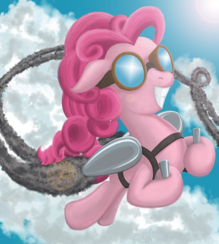 cloud eyewear female feral fur goggles jet_pack lens_flare outside pink_body pink_fur sky smoke solo eternal-equilibrium friendship_is_magic hasbro my_little_pony pinkie_pie_(mlp) earth_pony equid equine horse mammal pony 2011 hi_res