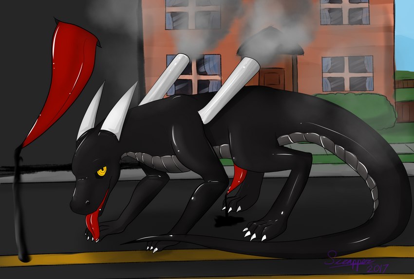 bodily_fluids cum exhaust exhaust_pipe exhaust_smoke genital_fluids latex machine male mecha oil pollution precum smoke solo tail tailpipe tongue fyrrex_(artist) mechaphilia_(artist) mythology fyrre fyrrex dragon humanoid living_machine mythological_creature mythological_scalie scalie