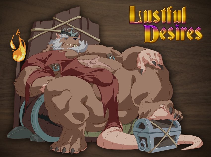 anthro brown_body brown_fur claws colored-in crown facial_hair fur headgear male navel nipple_piercing nipples overweight overweight_male piercing rat_tail scar solo tail treasure_chest x_scar zoroj lustful_desires rat_king_(lustful_desires) mammal murid murine rat ratkin_(lustful_desires) rodent colored_line_art shaded