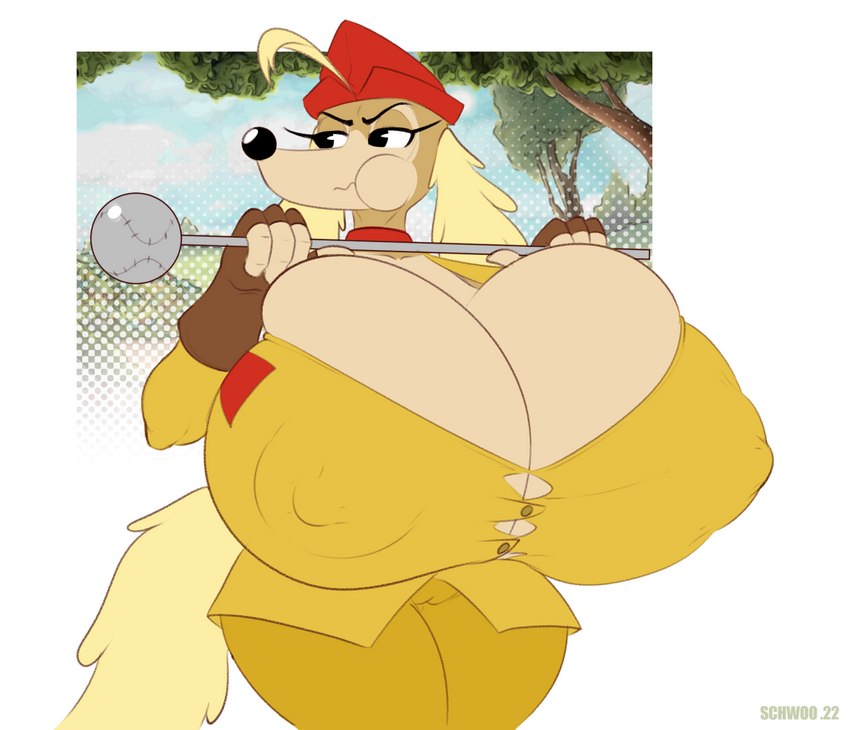 anthro big_breasts black_eyes breasts button_(fastener) camel_toe clothed clothing female fingerless_gloves gloves handwear hat headgear headwear holding_object huge_breasts hyper hyper_breasts multicolored_body nipple_outline solo straining_buttons thick_thighs two_tone_body wide_hips schwoo cuphead_(game) sgt._o'fera_(cuphead) canid canine canis domestic_dog hunting_dog mammal saluki sighthound