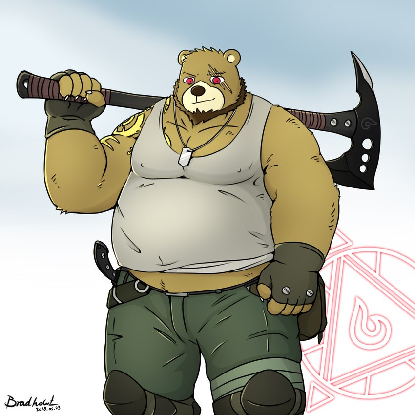 anthro belly big_belly bottomwear brown_body clothing humanoid_hands kemono male overweight overweight_male pants red_eyes scar shirt solo topwear weapon mtflying30371 bear mammal 1:1 2018 hi_res