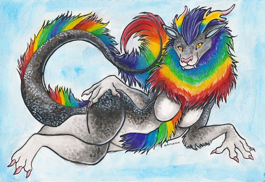 2_horns anthro arm_tuft biped blue_background blue_body blue_scales breasts claws elbow_tuft fangs female fur grey_body grey_scales head_horn horn lgbt_pride lying mane multicolored_body multicolored_fur multicolored_horn multicolored_mane nude on_side pink_claws pink_nose pose pride_color_body pride_color_fur pride_colors pupils rainbow_body rainbow_fur rainbow_horn rainbow_mane rainbow_pride_colors scales simple_background six-stripe_rainbow_pride_colors slit_pupils solo sparklefur tail tail_tuft teeth tuft white_background white_body white_scales yellow_eyes shiverz asian_mythology east_asian_mythology mythology dragon eastern_dragon felid mammal mythological_creature mythological_scalie scalie pinup traditional_media_(artwork)