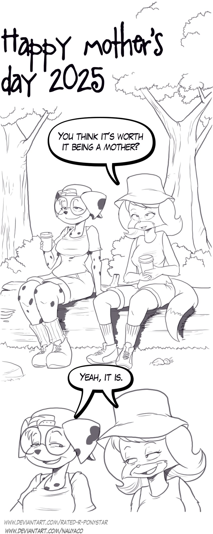 anthro clothing coffee_cup container cup dialogue duo eyewear female glasses hat headgear headwear holidays log plant speech_bubble text tree wood nauyaco forestdale mother's_day christi_burnside_(forestdale) rita_kendricks_(forestdale) canid canine canis dalmatian domestic_dog fox mammal comic english_text hi_res mother_(lore) parent_(lore)