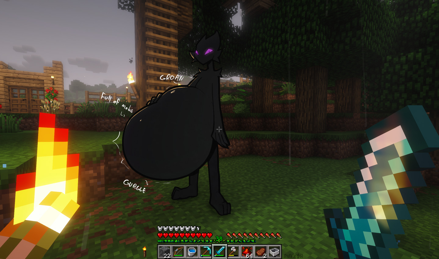 belly big_belly black_body black_fur first_person_view fur gui gurgle_(sound_effect) hand_on_belly huge_belly male melee_weapon multiple_prey not_furry outside plant purple_eyes rumbling_stomach screencap screencap_background solo standing sword text torch tree vore weapon rifykoh microsoft minecraft mojang xbox_game_studios enderman humanoid 2026 english_text hi_res