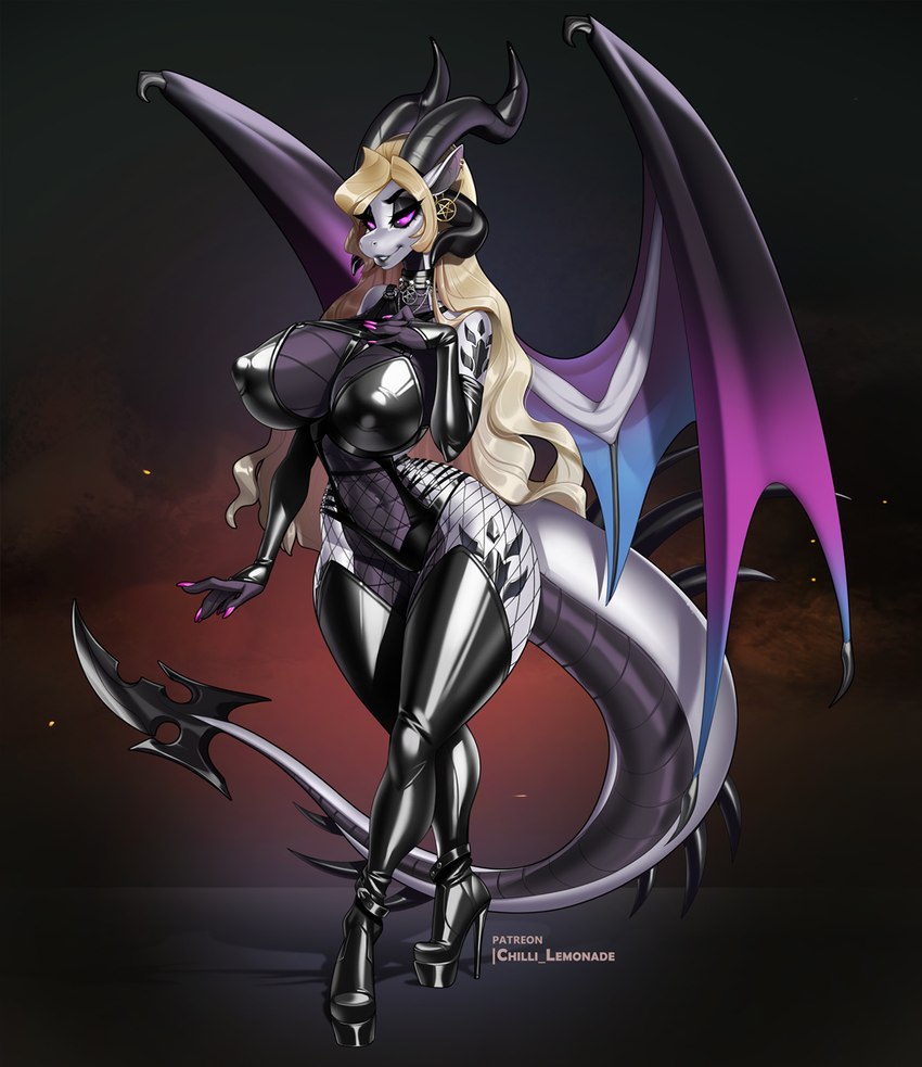 anthro big_breasts black_body black_scales blonde_hair boots breasts choker claws cleavage clothed clothing collar colored_nails ear_piercing elbow_sleeves female fishnet_clothing footwear glistening glistening_clothing grey_body grey_scales hair high_heeled_boots high_heels horn jewelry legwear long_hair looking_at_viewer membrane_(anatomy) membranous_wings nails necklace nipple_outline pentegram piercing pink_claws pink_nail_polish pink_nails purple_body purple_eyes purple_scales scales shoes solo tail thigh_boots thigh_highs wings aomori mythology lilith_drakenheart dragon mythological_creature mythological_scalie scalie 2023 hi_res