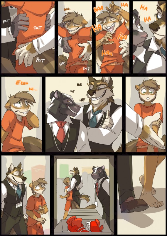 airport airport_security anthro body_search clothed clothing evil_grin evil_look frisking grin grope group laugh male security smile text tickling unprofessional_behavior zummeng egger canid canine canis felid mammal mephitid rodent sciurid skunk tree_squirrel wolf comic hi_res