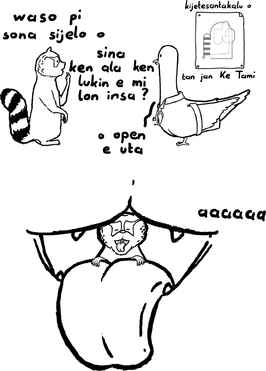 2_panel_comic ambiguous_gender anatomy_chart anthro canine_teeth chart clothing dialogue doctor's_coat doctor's_office duo extreme_close-up extreme_size_difference fangs humor inside_mouth markings medical_instrument raccoon_tail scientific_instrument semi-anthro simple_background size_difference teeth text tongue tongue_out vore jan_ke_tami cc-by creative_commons kijetesantakalu_o lipu_tenpo kijetesantakalu_(kijetesantakalu_o) waso_(kijetesantakalu_o) avian bird columbid mammal pigeon procyonid raccoon absurd_res artist_name comic constructed_language hi_res monochrome toki_pona_text translation_request