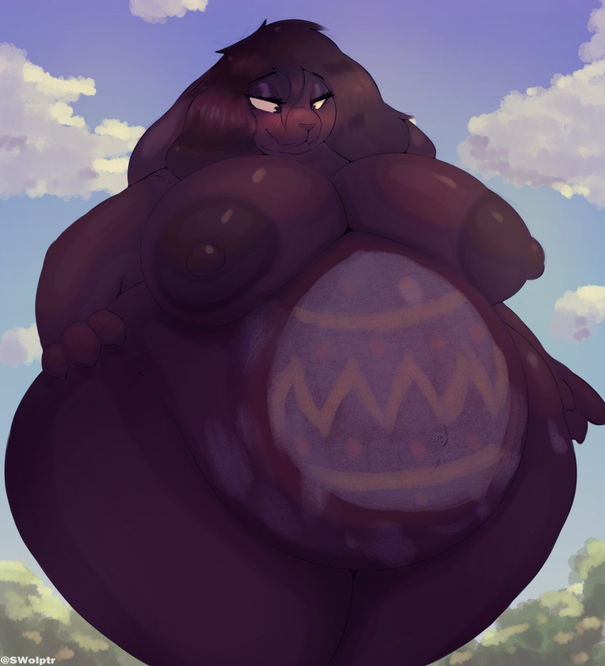 4_fingers anthro belly big_belly big_breasts black_body black_fur black_hair black_nipples bodypaint breasts cloud easter_egg female fingers fur hair holidays morning nipples outside overweight overweight_anthro overweight_female plant pregnant pregnant_anthro pregnant_female solo standing tree swolptr easter lagomorph leporid mammal rabbit hi_res shaded
