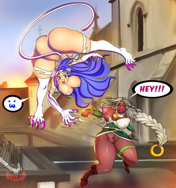 bell big_breasts blue_hair braided_hair breasts clothing collar curvy_figure dialogue duo emoji female green_eyes hair nipples one_breast_out text torn_clothing voluptuous white_hair wide_hips bellum-art capcom darkstalkers outlaw_star aisha_clanclan felicia_(darkstalkers) animal_humanoid ctarl-ctarl domestic_cat felid felid_humanoid feline felis humanoid mammal mammal_humanoid crossover english_text