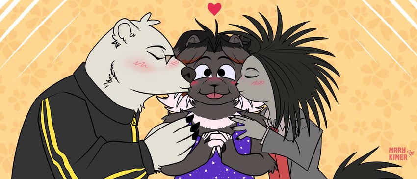 anthro clothed clothing fur group kissing loose_feather quill simple_background trio bardo_en_krisis odd_taxi sekiguchi_(odd_taxi) yano_(odd_taxi) bear mammal porcupine rodent absurd_res clip_studio_paint_(artwork) digital_media_(artwork) hi_res