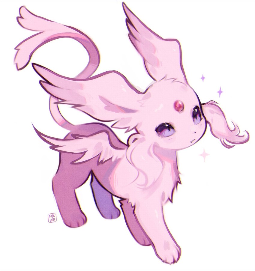 ambiguous_gender blush blush_lines eyelashes feathered_wings feathers feral forehead_gem fur gem paws purple_body purple_eyes purple_feathers purple_fur simple_background solo sparkles tail wings foxlett nintendo pokemon eeveelution espeon generation_2_pokemon pokemon_(species) 2024 hi_res signature