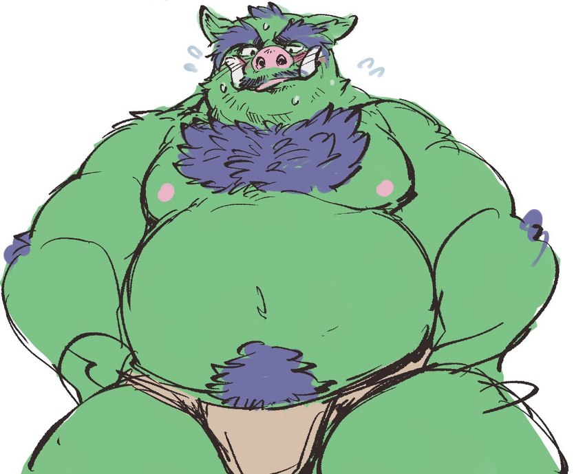 anthro asian_clothing belly blush clothing east_asian_clothing fundoshi green_body japanese_clothing kemono male moobs musclegut muscular navel nipples overweight overweight_male simple_background solo underwear exe_exem mammal suid suina sus_(pig) wild_boar 2022 digital_media_(artwork)