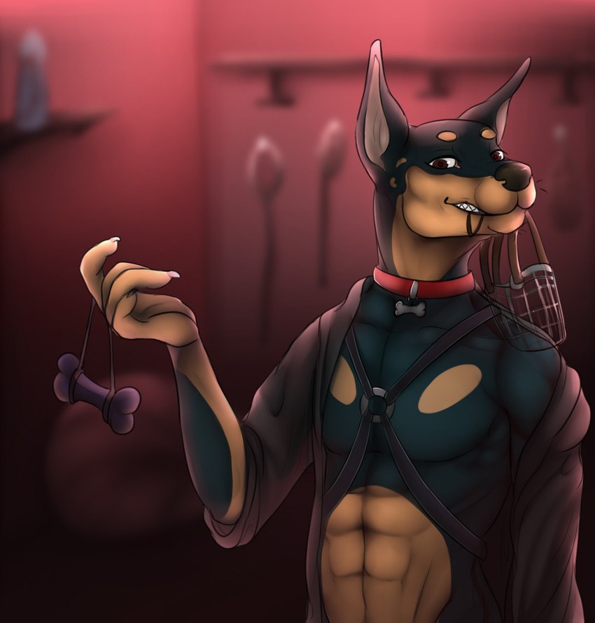 anthro bone collar detailed_background dildo harness male muzzle_(object) sex_toy solo m_bruiser canid canine canis dobermann domestic_dog mammal pinscher hi_res