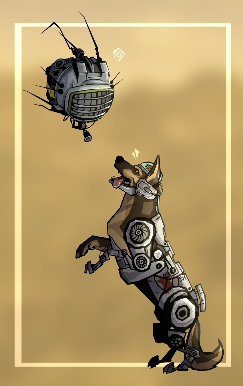 ambiguous_gender duo feral machine male new_vegas on_hind_legs tongue tongue_out shoot_(sh) fallout microsoft ed-e_(fallout) rex_(fallout) canid canine canis cyberdog_(fallout) domestic_dog eyebot eyebot_(fallout) german_shepherd herding_dog mammal pastoral_dog robot absurd_res hi_res