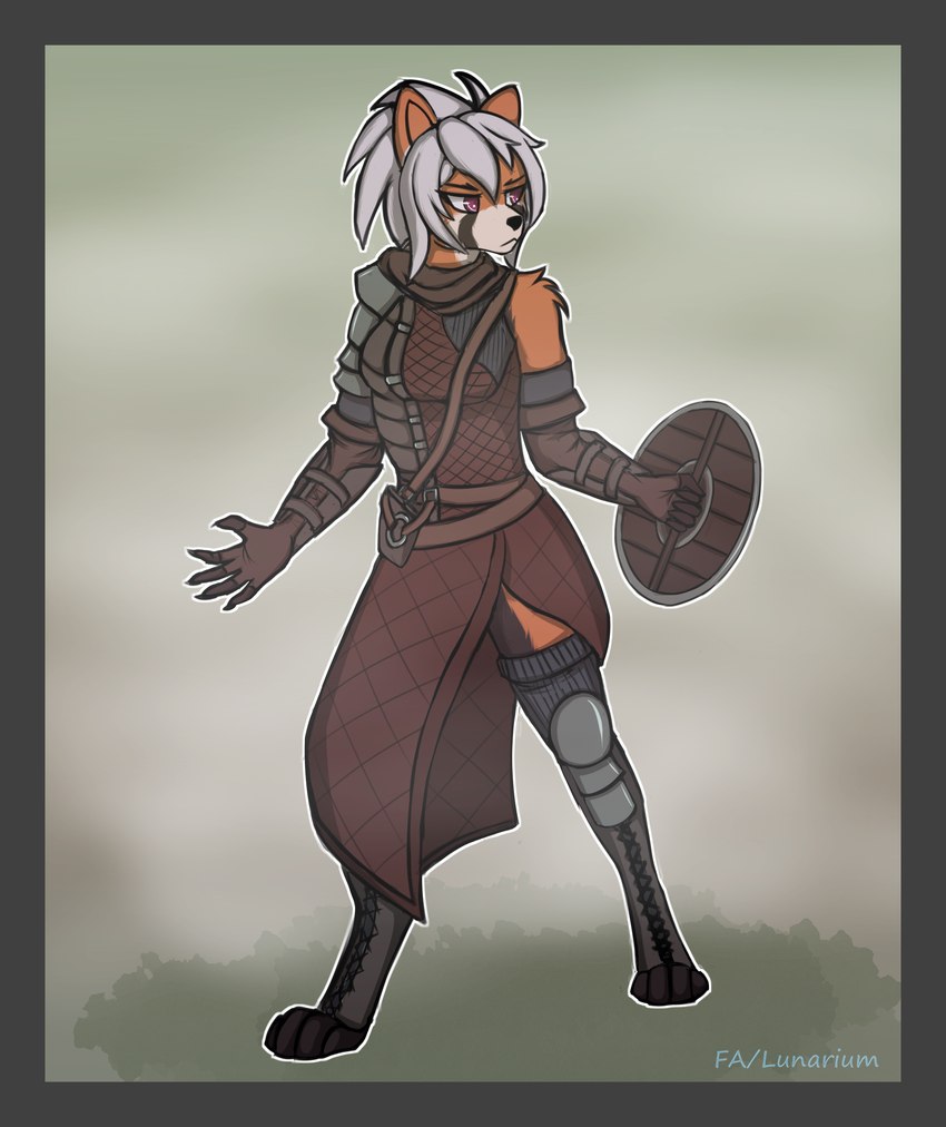 anthro armor border female grey_border hair purple_eyes shield simple_background solo white_hair lunarium dungeons_and_dragons hasbro wizards_of_the_coast hibi_(kamikas) ailurid mammal red_panda absurd_res hi_res