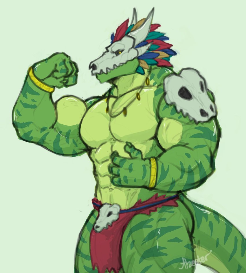 abs anthro armor biceps bone bone_armor bone_mask bottomwear clothing green_body green_scales loincloth male mask muscular muscular_anthro muscular_male nipples pecs scales shoulder_armor skull skull_mask solo alzeaker terraria witch_doctor_(terraria) lihzahrd lizard reptile scalie hi_res