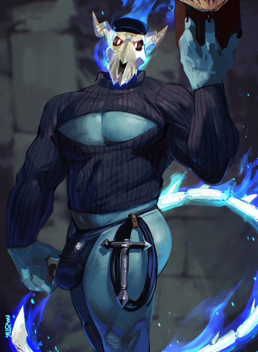 anthro black_sclera blue_body blue_fire bone book bulge burning claws clothing colored_fire detailed_bulge finger_claws fire hat headgear headwear keyhole_clothing looking_at_viewer male muscular muscular_anthro muscular_male pecs skull skull_head solo whip white_eyes mystikfox61 demon 2021 digital_media_(artwork) hi_res