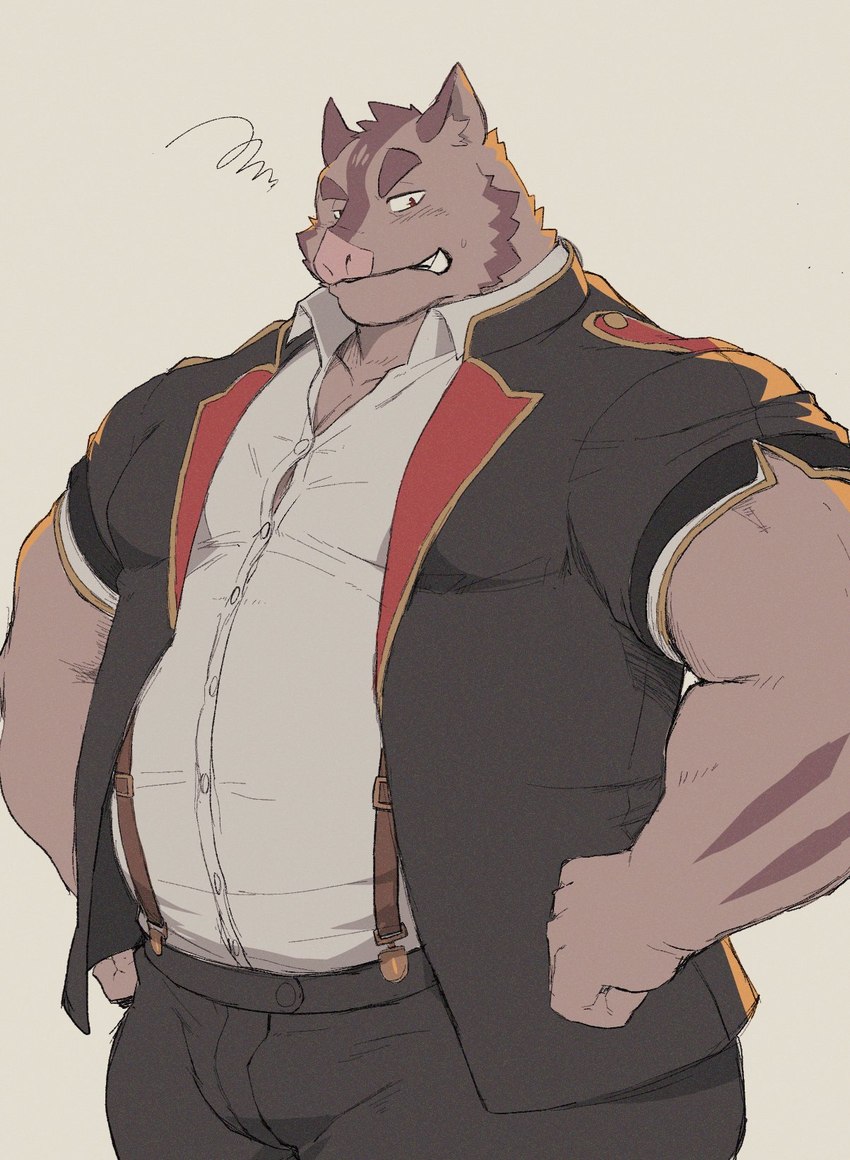 anthro belly bottomwear brown_body clothing kemono male overweight overweight_male pants shirt simple_background solo suspenders topwear inabayasuri knights_college hermann_(knights_college) mammal suid suina sus_(pig) wild_boar 2024 hi_res