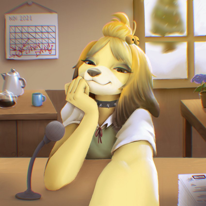 anthro bell bell_accessory bell_hair_tie blonde_hair calendar clenched_hands clothing coffee_mug collar desk detailed_background electronics female fur furniture hair hand_on_chin long_hair looking_at_viewer microphone november_(month) plant_pot selfie smile smiling_at_viewer solo spiked_collar spikes table window stockinger animal_crossing nintendo isabelle_(animal_crossing) canid canine canis domestic_dog mammal 1:1 2022 digital_media_(artwork) hi_res