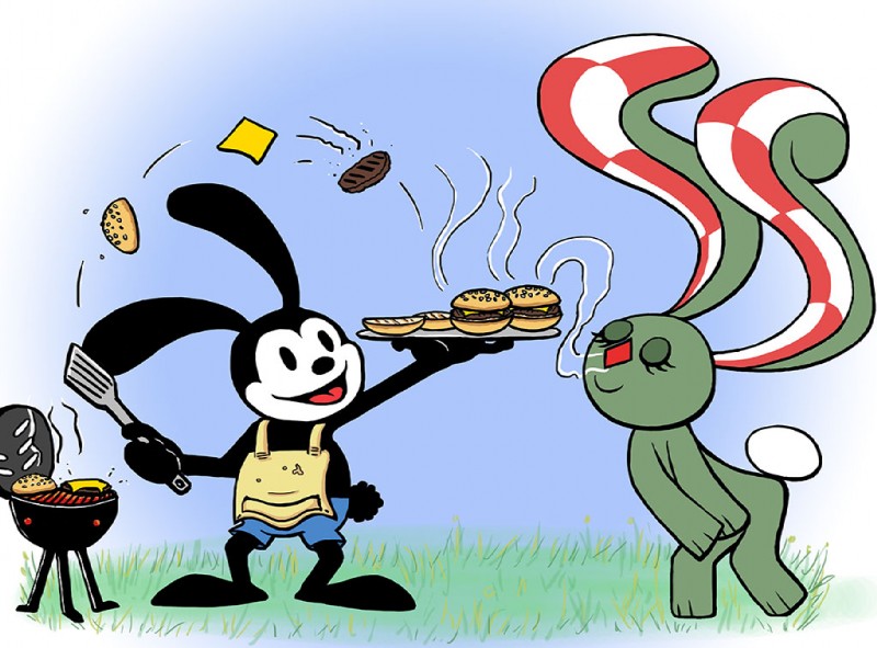 barbecue burger duo female food grill male hentai_boy_(artist) disney the_rabbit_with_the_checkered_ears kockasfulu_nyul oswald_the_lucky_rabbit lagomorph leporid mammal rabbit