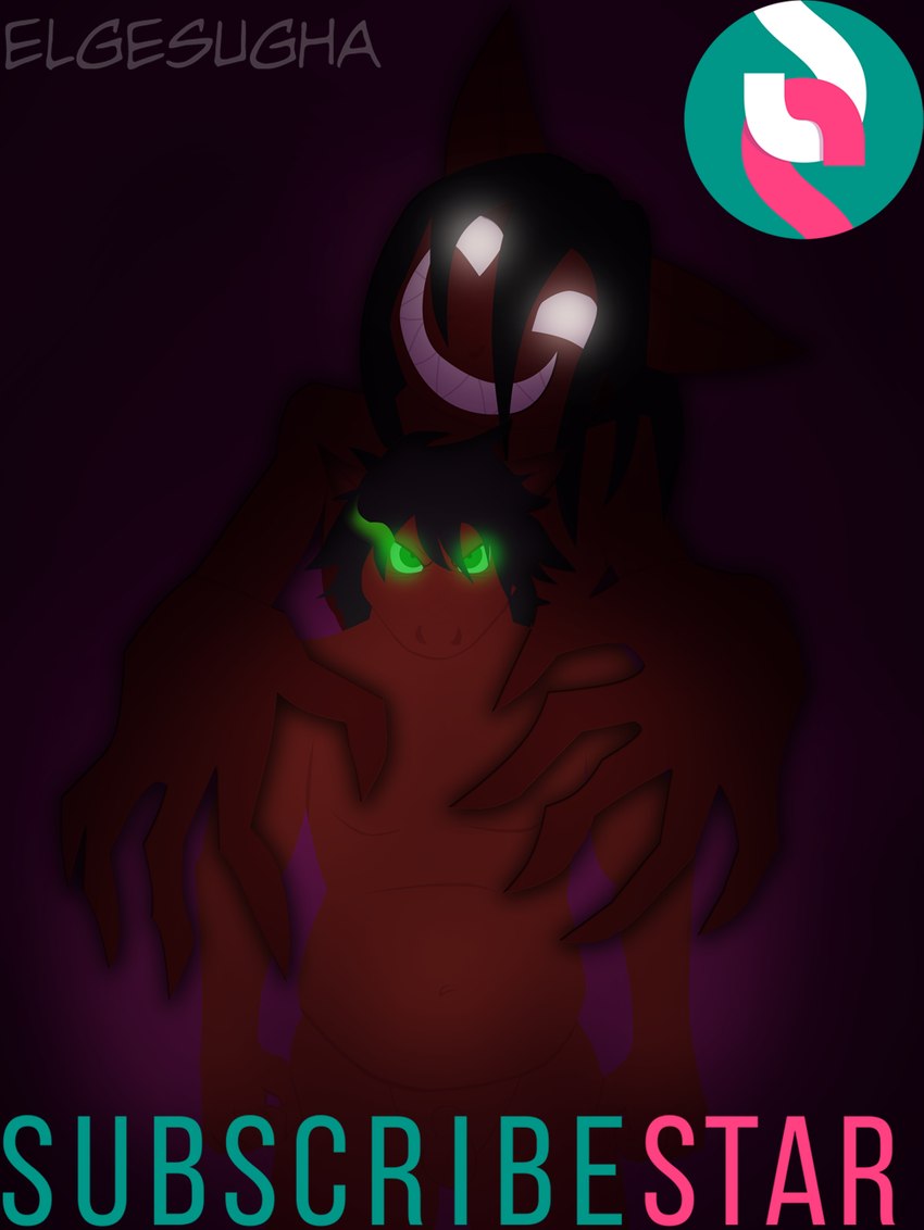 advertisement anthro creepy_smile duo fur glowing glowing_eyes green_eyes male nude red_body red_fur sharp_teeth slightly_chubby smile teeth white_eyes elgesugha subscribestar luna_grande demon equid equine horse mammal hi_res