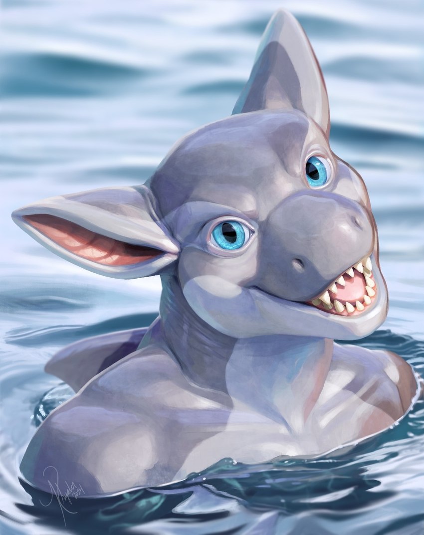 anthro blue_eyes green_body grey_ears looking_at_viewer male open_mouth partially_submerged pink_tongue red_inner_ear solo teeth tongue white_body khyaber mythology dragon mythological_creature mythological_scalie scalie 2024 dated hi_res signature