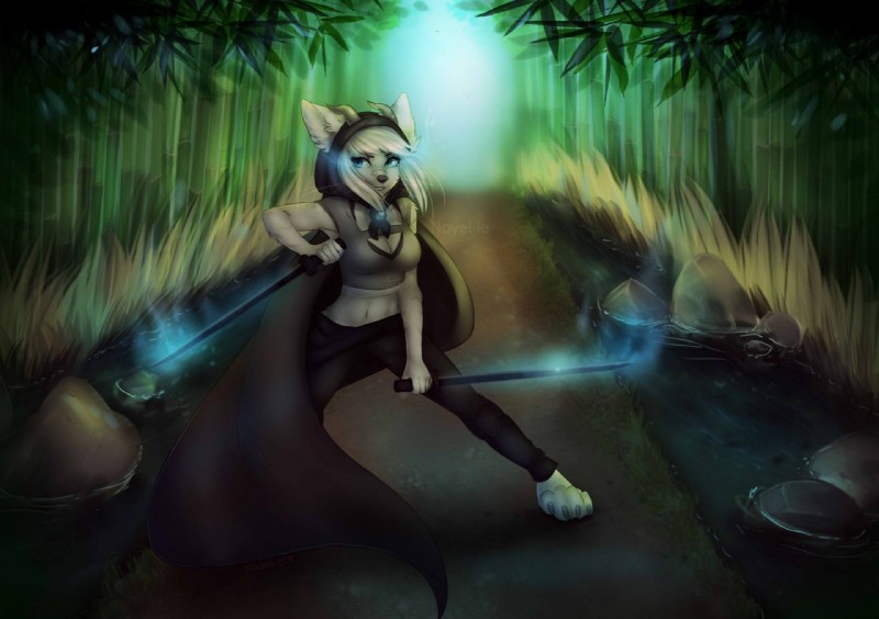 4_toes anthro bamboo bamboo_tree biped black_nose blonde_hair breasts cape clothed clothing detailed_background digitigrade feet female fingers forest hair horn katana melee_weapon midriff navel plant solo standing sword toes tree weapon wide_hips nayel-ie mammal