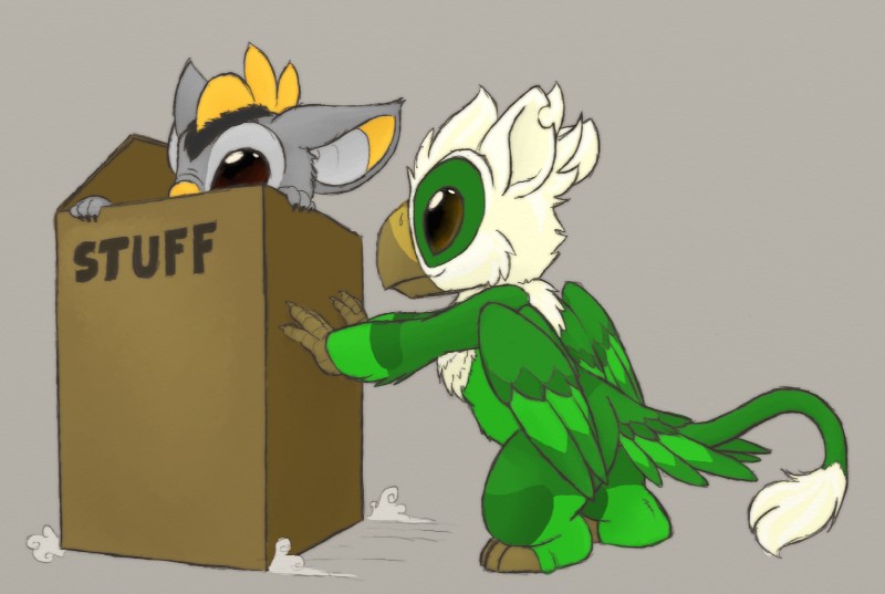 alternate_species anthro barefoot beak box cardboard cardboard_box container duo feet in_box in_container male nude pushing standing tail tail_tuft text tuft petrock disney lilo_and_stitch fan_character ovni thundersong alien experiment_(lilo_and_stitch) english_text