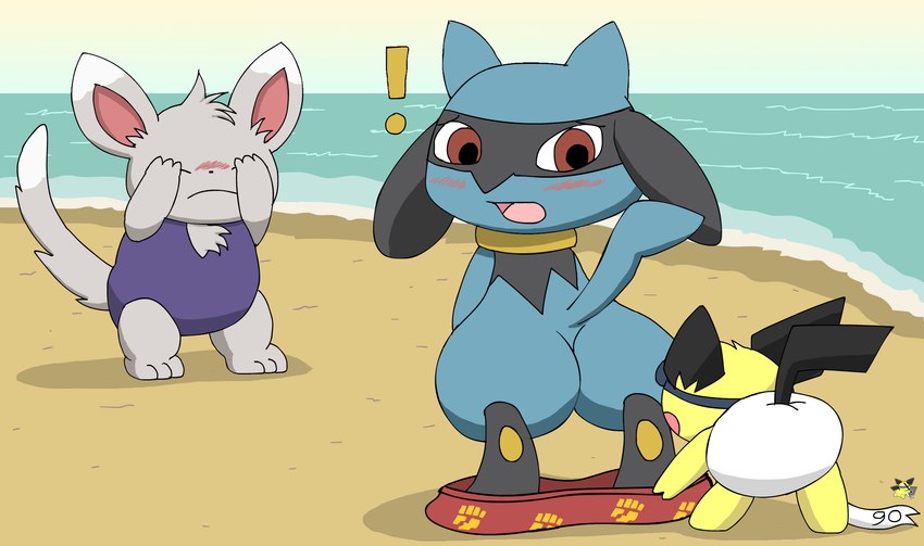 assisted_exposure beach blue_body blue_fur blush butt clothing covering covering_eyes covering_face exclamation_point female feral fur grey_body grey_fur logo looking_back male mincy_minccino one-piece_swimsuit pantsing red_eyes sea seaside swimming_trunks swimwear underwear water yellow_body yellow_fur pichu90 nintendo pokemon sparks_pichu generation_2_pokemon generation_4_pokemon generation_5_pokemon minccino pichu pokemon_(species) riolu 2024 artist_logo hi_res