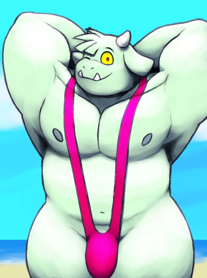 anthro beach biceps bulge flexing fur genitals grey_body grey_fur horn male mankini musclegut muscular muscular_anthro muscular_male navel one_eye_closed pecs penis penis_base pose red_eyes smile solo tusks wink yellow_sclera amane_charlie kings_of_hell enfer_belial bovid caprine goat mammal hi_res