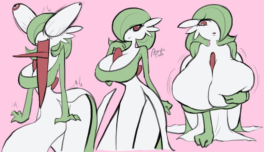 big_breasts breasts eyes_popping_out female green_hair hair huge_breasts not_furry open_mouth red_eyes tongue tongue_out acrylictoon nintendo pokemon gardevoir generation_3_pokemon humanoid pokemon_(species) hi_res