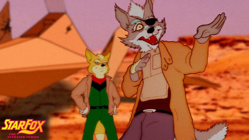 5_fingers anthro arwing bandage bottomwear clothed clothing coat duo eye_patch eyewear fingers fur grey_body grey_fur hair hand_on_hip jacket jumpsuit kerchief male open_mouth pants tan_body tan_fur topwear trenchcoat white_hair fredryk_phox a_fox_in_space nintendo star_fox fox_mccloud wolf_o'donnell canid canine canis fox mammal wolf 16:9 widescreen