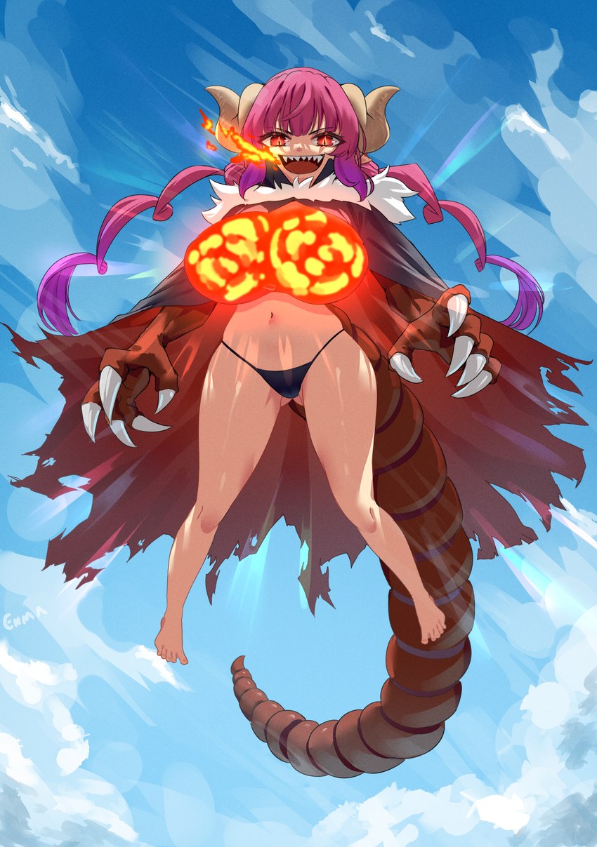 big_breasts big_butt bioluminescence breasts butt butt_from_the_front camel_toe claws cleavage clothed clothing feet female fire fur_trim_(clothing) glowing glowing_chest hair horn huge_breasts humanoid_pointy_ears navel pink_hair pointy_ears red_eyes sharp_teeth smile solo tail teeth thick_tail thick_thighs wide_hips enmanuelart miss_kobayashi's_dragon_maid mythology ilulu animal_humanoid dragon dragon_humanoid humanoid mythological_creature mythological_scalie scalie hi_res