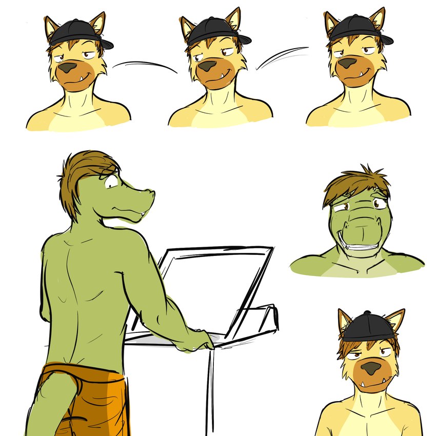 anthro backwards_baseball_cap backwards_hat baseball_cap clothed clothing duo embarrassed furgonomics hat headgear headwear male simple_background smug topless white_background fuze fuzeyeen gabriel_(fuze) alligator alligatorid crocodilian hyena mammal reptile scalie spotted_hyena 1:1 2017 hi_res multiple_scenes