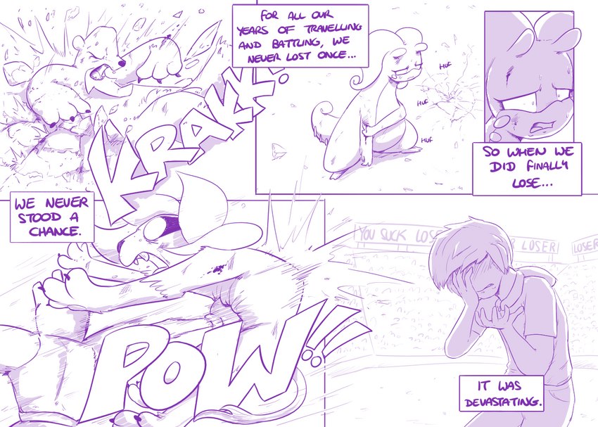 blood bodily_fluids bruised ellipsis female fight group male onomatopoeia sound_effects tail text shoutingisfun nintendo pokemon beartic generation_1_pokemon generation_5_pokemon generation_6_pokemon goodra hitmonchan human mammal pokemon_(species) pyroar 2018 comic digital_media_(artwork) english_text monochrome purple_and_white