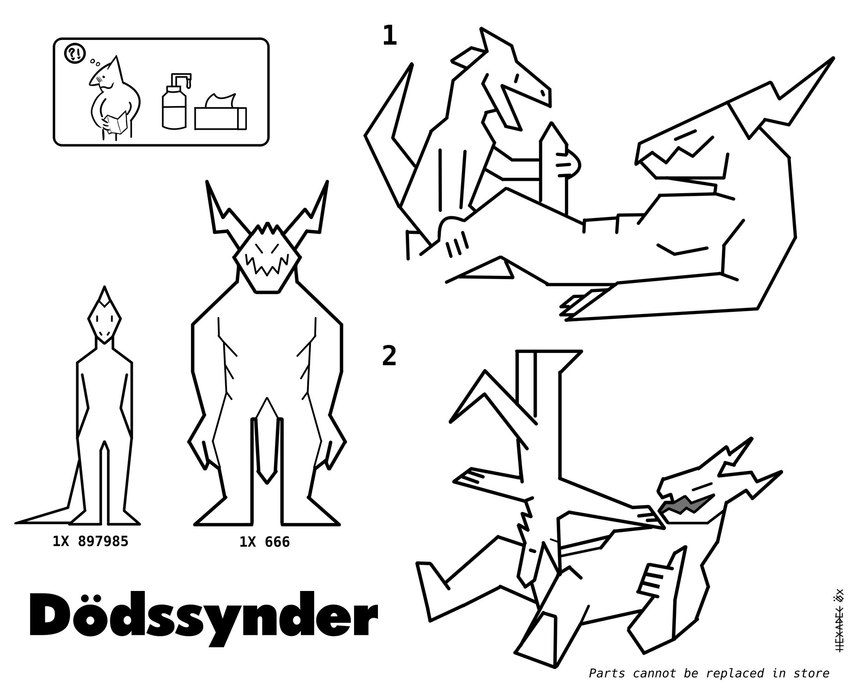 ambiguous_gender anthro assembly duo fellatio humor instruction joke male oral penile positioning sex hexadec ikea mythology demon dragon lizard mythological_creature mythological_scalie reptile scalie hi_res monochrome