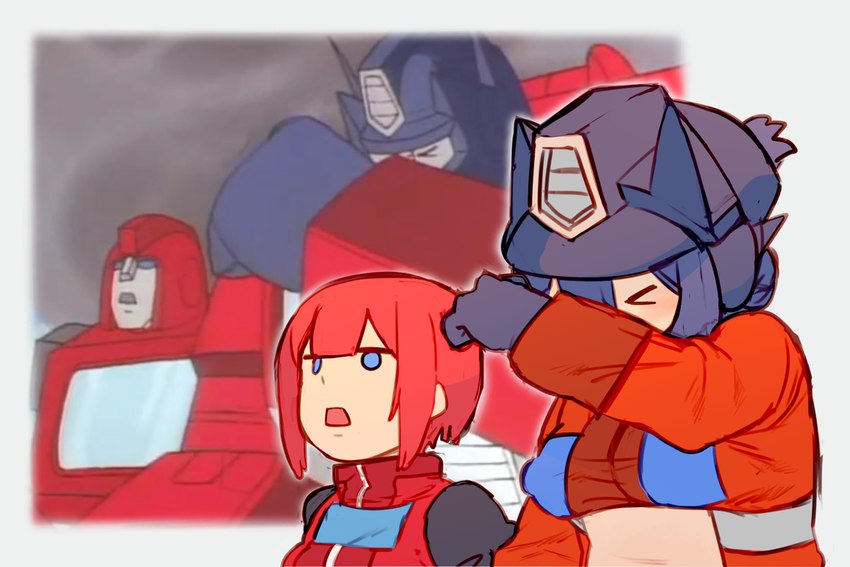 autobot blue_eyes blue_hair breasts clothed clothing crossgender eyes_closed female hair hand_on_face light_body light_skin machine mtf_crossgender not_furry open_mouth personification red_hair screencap screencap_redraw topwear collagen hasbro takara_tomy transformers ironhide optimus_prime cybertronian robot 3:2 digital_media_(artwork) redraw reference_image