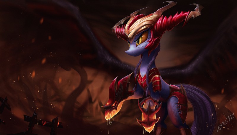 armor detailed_background female feral hair hooves horn purple_hair solo standing yellow_eyes zigword hasbro league_of_legends my_little_pony riot_games tencent shyvana equid mammal 2016 hi_res